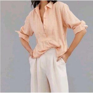 Anthropologie Orange Peach Cotton Gauze Bib-Front Popover Long Sleeve Shirt S
